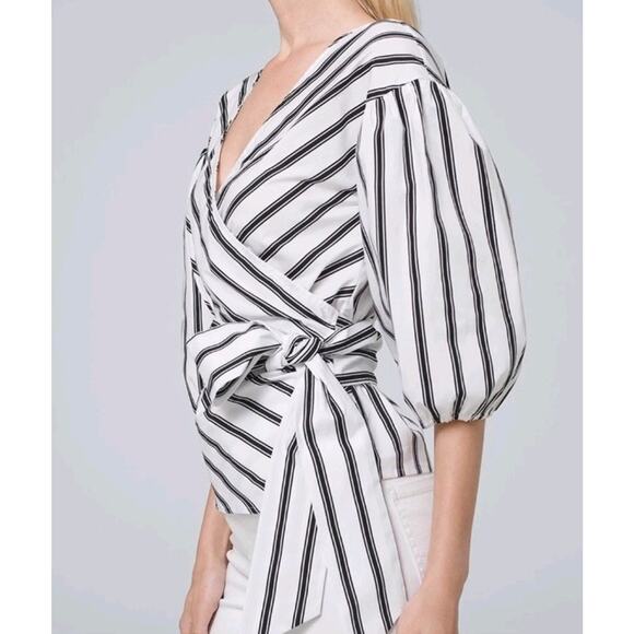 White House Black Market White Black Striped Poplin Wrap Top Blouse XXS Nwt - Picture 5 of 8